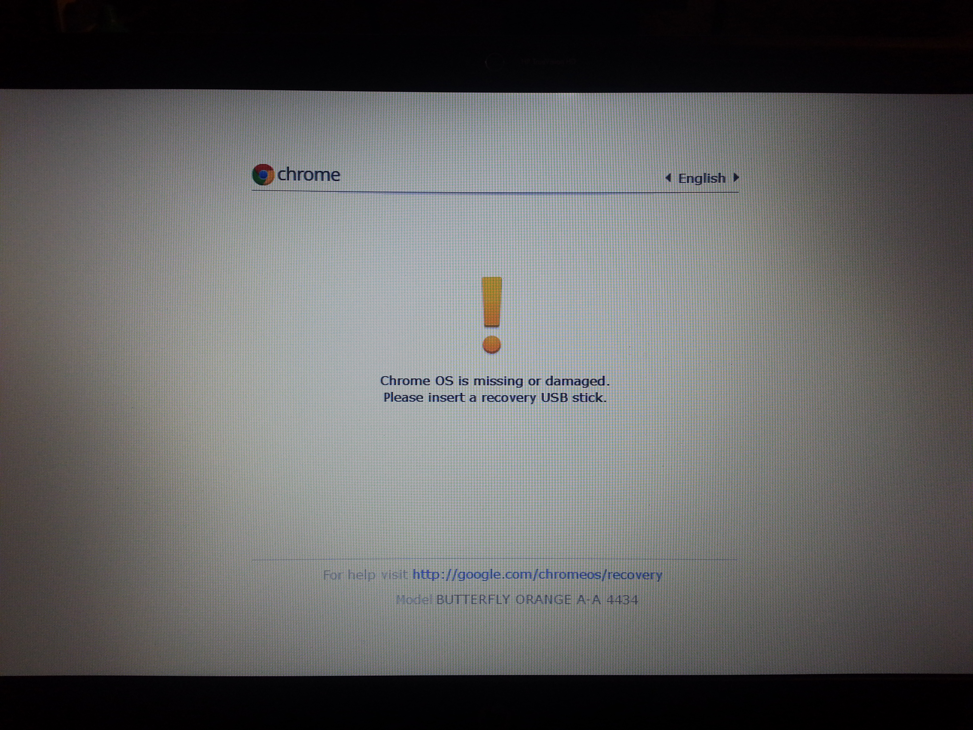 Screen warning Chrome OS disk is missing or damaged
