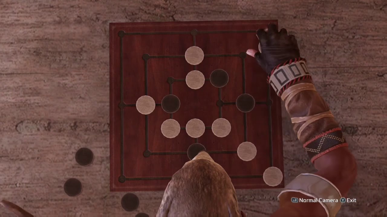 A screenshot from the video game Assassin's Creed 4: Black Flag showing the main character playing Nine Men's Morris.